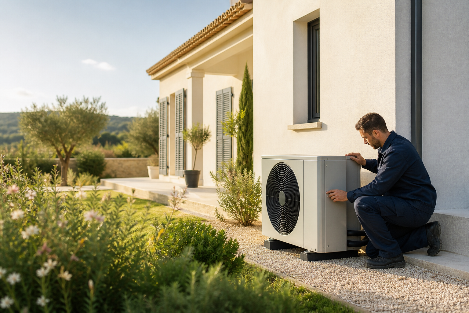hero-pompe-a-chaleur-air-eau Technicien Clim Harmonie réglant une unité extérieure de pompe à chaleur air/eau près d’une maison à Montpellier